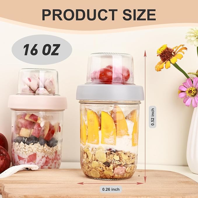 Wells 6 Pack Overnight Oats Containers with Lids, 16 OZ Dual Layer Yogurt Containers with Dry and Wet Separation, Airtight Leak Proof Oatmeal Jar for Chia Pudding, Breakfast, Cereal