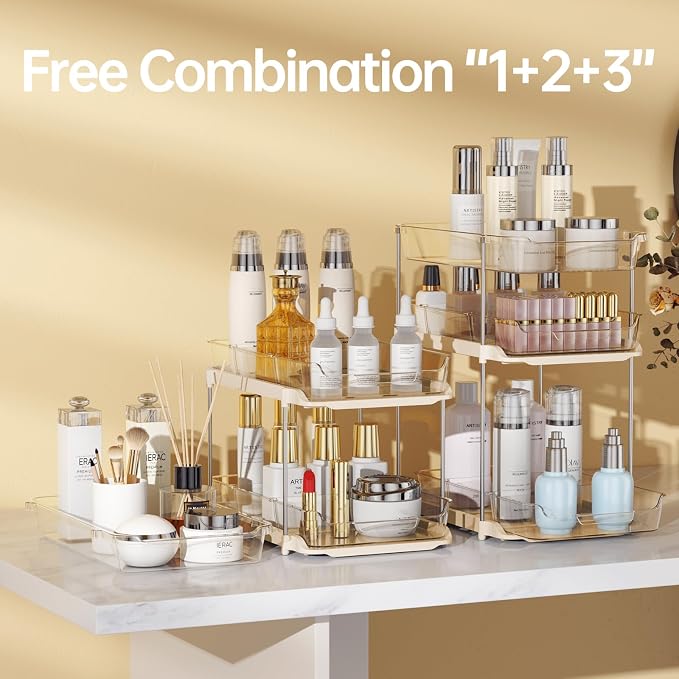 Delamu 2 Pack 3-Tier Bathroom Under Sink Organizers and Storage, Multi-Purpose Stackable Pantry Organization and Storage, Pull Out Clear Kitchen Bathroom Cabinet Organizer with Movable Dividers, Beige