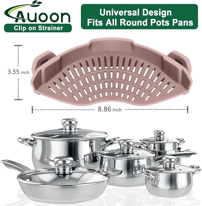 AUOON Pasta Strainer Clip on Silicone, Standard 8.86 x 3.55 in, Almond Rose | BPA-free, Fits All Pots Pans Bowls, Dishwasher Safe, for Meat Noodles Vegetable Fruits, Space-saving Kitchen Gadget