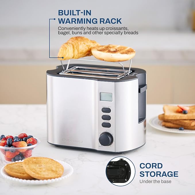 Elite Gourmet ECT2145 2-Slice Toaster, Extra-Wide Slot, Stainless Steel | Bagel, Reheat, Defrost & Cancel Functions, 6 Toast Settings, Built-In Warming Rack, Countdown Timer
