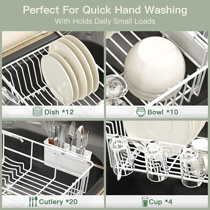 White Dish Drying Rack Over Sink with Utensil Holder, Drainboard | Expandable Stainless Steel Dish Drainer for Small Kitchen, Apartment, RV, Counter Space Saving, Perfect Fit, Rustproof