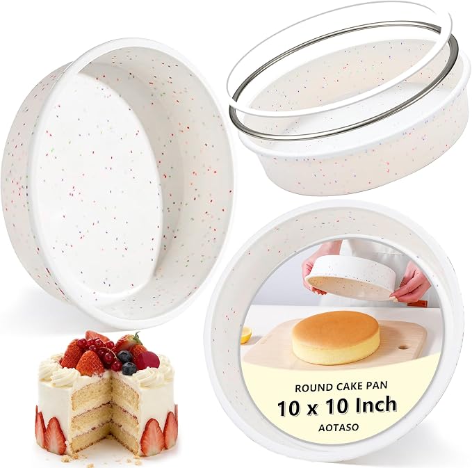10 inch Silicone Round Cake Pans, Set of 3, Cream | Metal Reinforced Frame, Nonstick Cake Molds for Baking, BPA Free