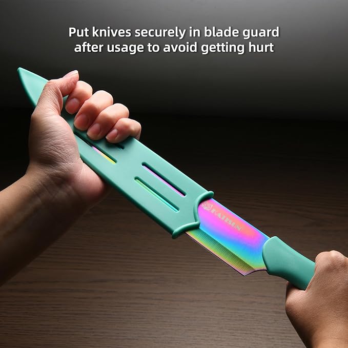 Kitchen Knife Set, Rainbow Titanium and 6 Blade Guards, 13-Piece | Stainless Steel Blades, Rainbow Nonstick Coating, Long-Lasting Sharpness, Rust-Resistant, Non-Slip, Dishwasher Safe