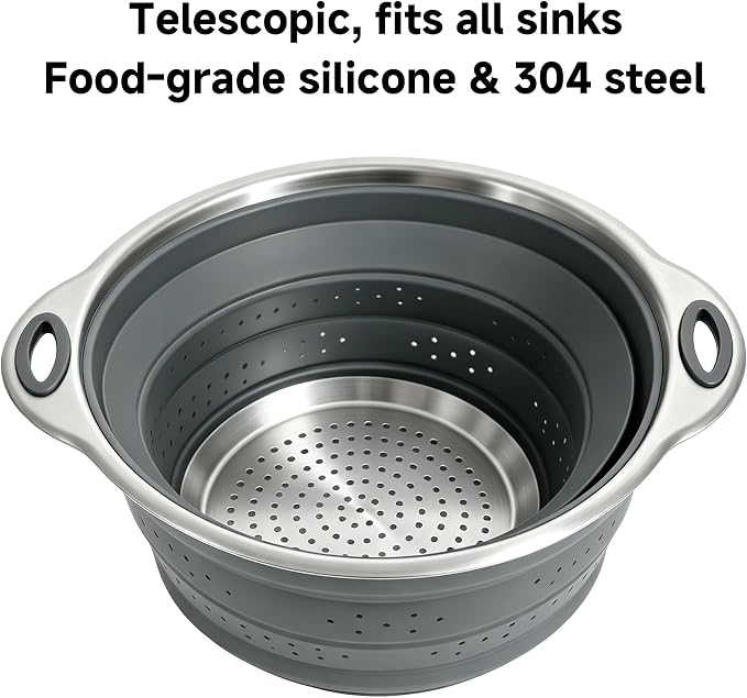 Mejoncb Collapsible Colander – Platinum Silicone Strainer with Stainless Steel Base, BPA-Free & Heat Resistant Kitchen Drain Basket (Gery)