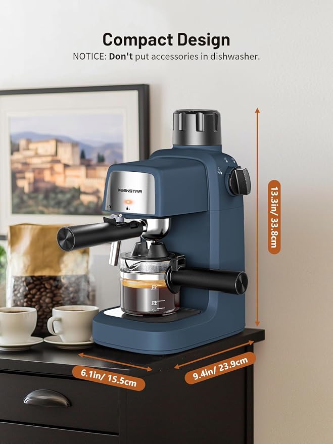 KEENSTAR Espresso Machine 3.5Bar, Compact Expresso Coffee Machines 4-Cup | Milk Frother, 800W Fast Heating, Brew Latte & Cappuccino, Espresso Maker for home, for Coffee Lover, Sapphire