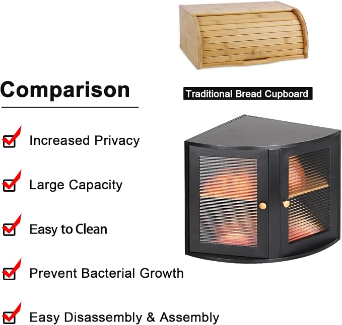 Black Bread Bin, Double Layers Bamboo Corner Bread Box for Kitchen Counter | Holds 2+ Loaves, Right Triangle Fits Counter Corners, Clear Window, Breathable Keeps Bread Fresh, Saves Small Kitchen Space