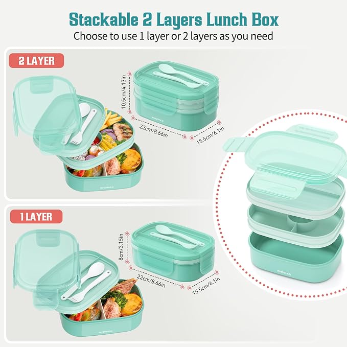 RIKDOKEN Bento Lunch Box, Stackable 2 Layers Containers with Compartments, Portable 64OZ Large Capacity Leakproof Bento Box with Spoon & Fork & Lunch Bag, Microwave Safe Lunch Box for Kids and Adults