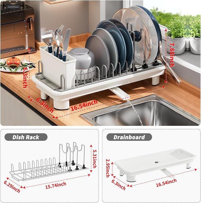 Small Dish Drying Rack, Stainless Steel with Drain Board & Utensil Holder | Anti-Scratch Base, Space Saving Design for Kitchen Counter, White