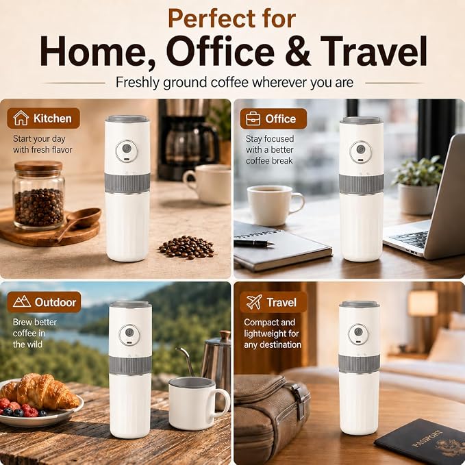 Portable Electric Coffee Grinder and Brewing Kit, White | Rechargeable, Conical Burr Mini Grinder, 32g Capacity, Includes Filter & Coffee Cup