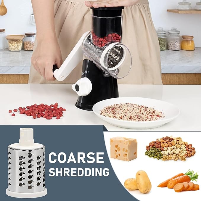 Rotary Cheese Grater Hand Crank Black - Shredder Slicer Grinder 3 Stainless Steel Blades, Stable Suction, Labor-Saving Handle, Safe Kitchen Tool for Cheese, Vegetable, Nuts, Chocolate