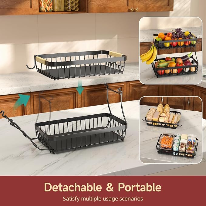 3-Tier Fruit Basket with Banana Hangers, Detachable Metal Bowl | Wooden handle, protective mats included. Versatile holder for bread, snacks, and veggies. Large 3 tier metal design.