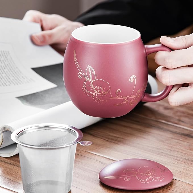 Yundu 12 OZ Ceramic Mug with Lid & Tea Strainer - Matte Purple Tea Cup with Golden Flower, Stainless Steel Infuser for Loose Leaf Tea