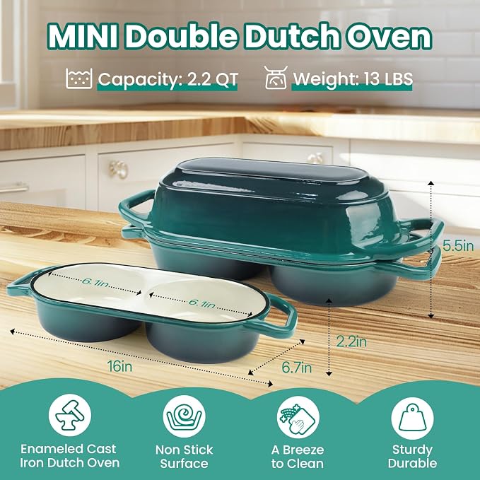 YONILL Mini Double Dutch Oven with Lid for Sourdough Bread Baking | Enameled Cast Iron Pot with Lid, 5" Banneton Bread Proofing Basket Include, Dual Round Bread Loaf Pan for Homemade Baking