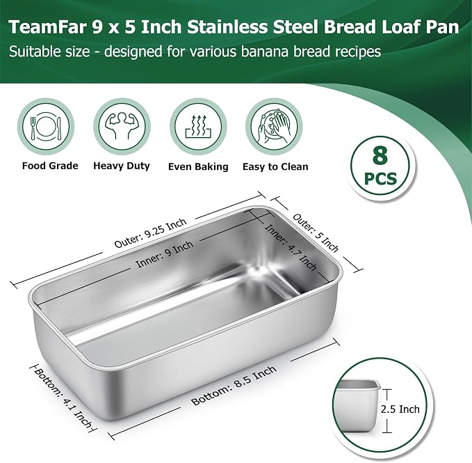 TeamFar Loaf Pans for Baking, 9 x 5 Inch Stainless Steel Loaf Bread Pans | Bread Pans Tins for Homemade Bread/Brownies, Healthy & Sturdy, Oven & Dishwasher Safe - Set of 8
