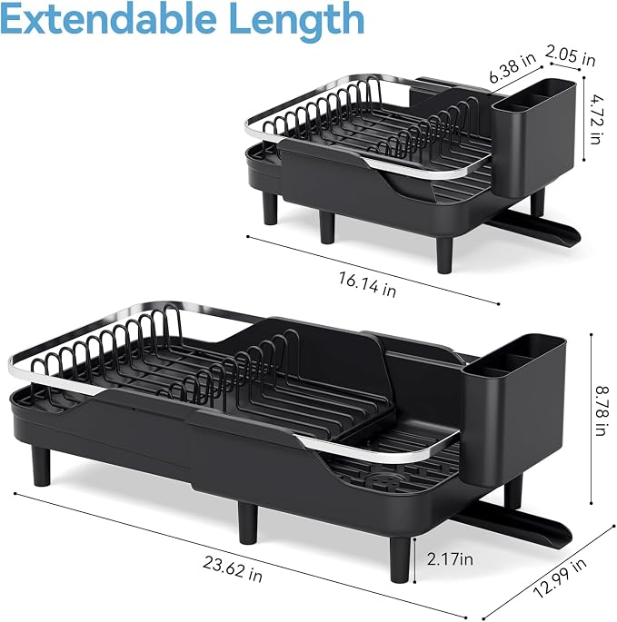 Urackify Expandable Dish Drying Rack for Kitchen Counter,16.2-23.7in,Black | Adjustable Capacity, Countertop-Stay-Dry Drainboard, Heavy-Duty Steel, Stable Plate Rack, Spave Saving for Apartment,RV,Dorms