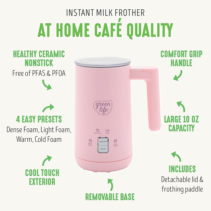 GreenLife Ceramic Electric Milk Frother, 10oz, 4-in-1, Auto Hot and Cold Foam, Dense and Light Foam, PFAS Free, Cordless Milk Warmer and Steamer for Latte, Coffee, Pink