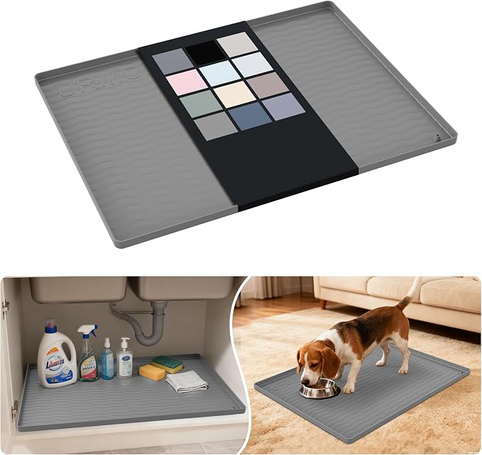 URMONA Waterproof Silicone Under Sink Mat 25'' x 19'' Shelf Liner for Kitchen and Bathroom, Cabinet and Counter Protector, Storage and Organizers, Litter Mat, Pet Cat Puppy Essentials(Beige)