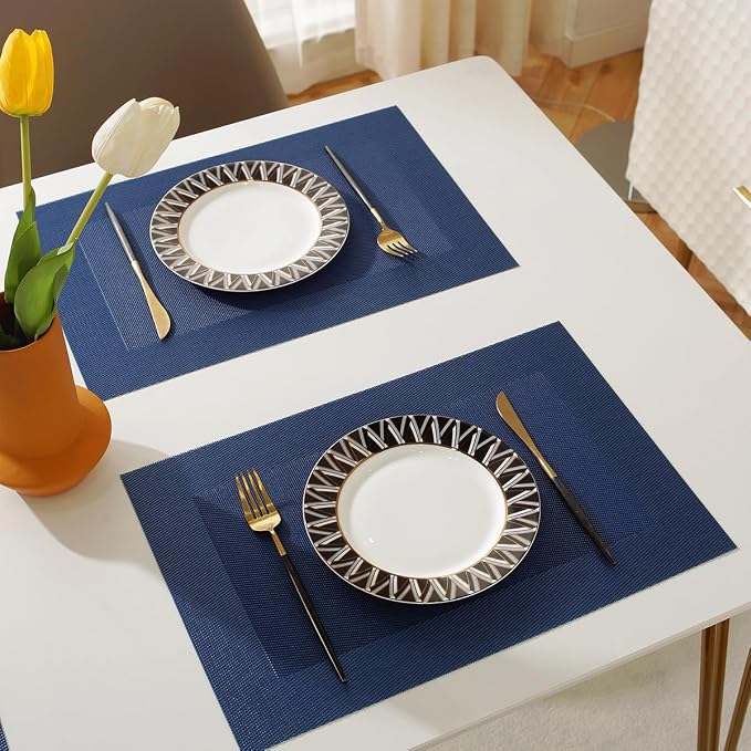 Vinyl Placemats Heat-Resistant Table Mats Washable Easy Clean Plastic Placemats for Dining Table Set of 4 (Blue)