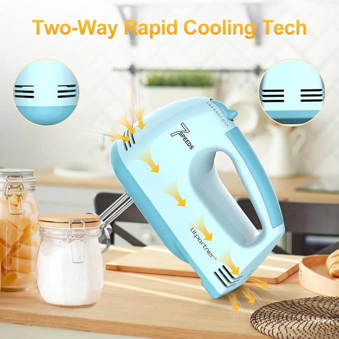 LILPARTNER Electric Hand Mixer with Storage Box, Ultra Power Kitchen Hand Mixer With 7-Speed & 5 Stainless Steel Accessories for Whipping Dough, Cream, Cake, Dishwasher Safe, BLUE BOX
