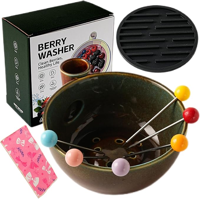 Self Spinning Ceramic Berry Washing Bowl with Drain Holes, 5.5'' Kitchen Fruit Washer Spinner Bowl with Fruit Fork and Waterproof Pad (Small-D)