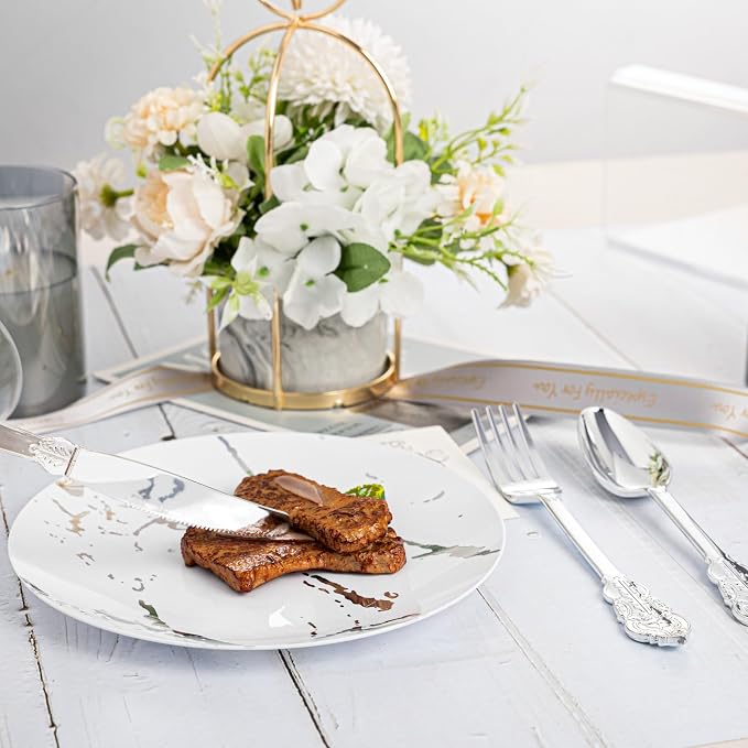 300PCS Silver Plastic Silverware, Vintage Disposable Utensils & Cutlery | 100 Fancy Forks, Spoons, Knives, Heavy Duty, BPA-Free, for Party, Weddings, Birthday & Holiday