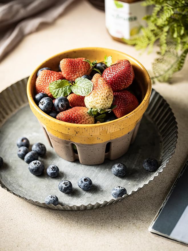 Gomakren Ceramic Berry Bowl Set of 2 Harvest Fruit Basket, Yellow + Brown | Drain Holes Keep Berries Fresh, Stackable, Wash & Serve | 5.8In Round Strawberry Grape Cherry Basket, Farmhouse Kitchen Decor