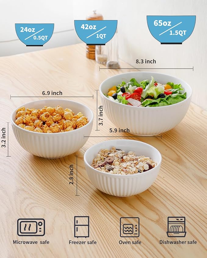 HASENSE White Ribbed Ceramic Serving Bowls Set of 3 | Stackable Nesting Salad Bowls, Large Prep Mixing Bowls for Pasta Fruit Baking Kitchen Counter Storage