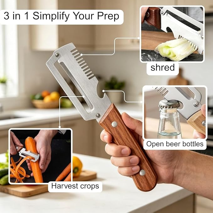 2Pack MultiFunctional Vegetable Peeler, 3 in 1 Multi Functional Wooden Handle Peeler and Bottle Opener, Kitchen Gadgets Tool for Fruit Pumpkin Peeling Potato Carrot Veggie Peeler.