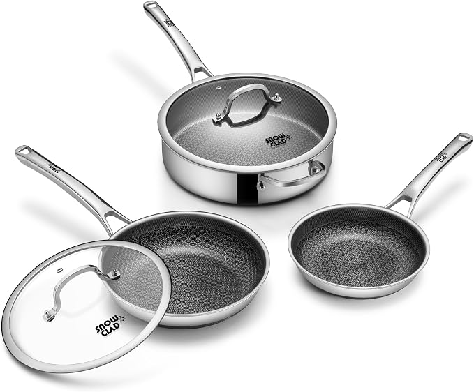 Frying Pans Nonstick Set with Lid,Hybrid Non Stick 5 Quart Saute pan,10 inch Skillet,8 inch Skillet PFOA Free Cookware,Stainless Steel skillet,Deep Braiser,Dishwasher Safe,Works on All Cooktops