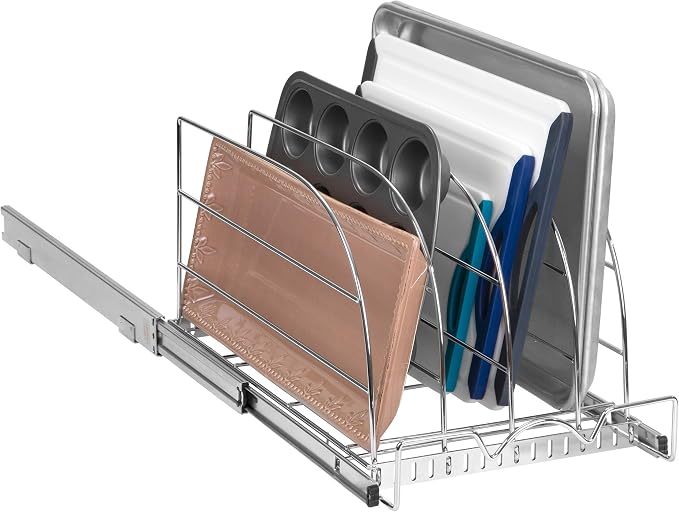 Pull Out Organizer for Bakeware, Cutting Board and Trays, 12.5”W x 21”D | Stores Cutting Board and Trays, Adjustable Dividers, Heavy Duty, Lifetime Limited Warranty - For Narrow Cabinet Spaces