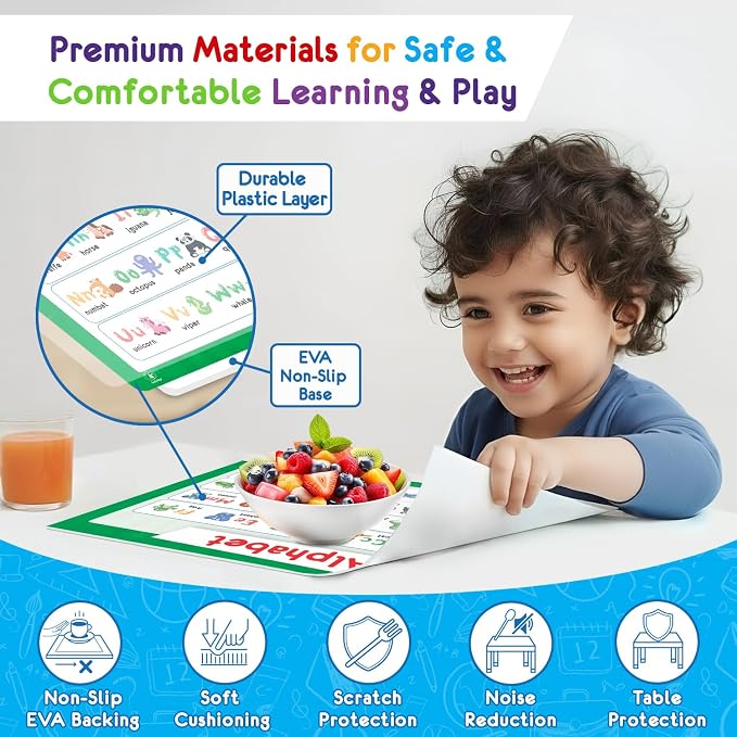 Simply Magic 5 Educational Placemats for Kids – Kids Placemats Non Slip | Washable Reusable Plastic Place Mats for Toddler, Alphabet ABC, Shapes, Colors, Numbers, Solar System Learning Place Mats