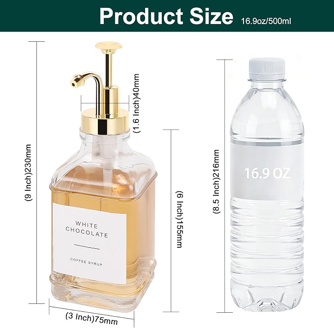 Coffee Syrup Dispenser for Coffee Bar, Clear Glass Syrup Bottles with Pump, Refillable Maple Syrup Storage, Coffee Station Accessories and Organizer, 500ml, Set of 2 (Gold)