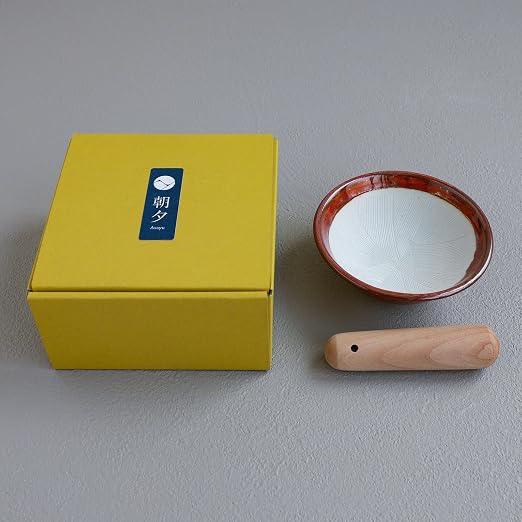 Asayu Japan Ceramic Mortar Bowl 4.29in (109mm) with Wooden Pestle, Made in Japan Dishwasher and Microwave Safe Ripple Ridge Suribachi and Surikogi Set - Red Mortar and Pestle Set