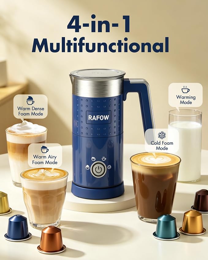Milk Frother Electric 4 in 1: 10oz/350 mL Large Capacity Electric Milk Steamer for Hot and Cold Milk Froth - Automatic Milk Frother & Warmer for Latte, Cappuccinos, Macchiato, Hot Chocolate-Blue