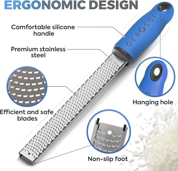 Stainless Steel Cheese Grater & Lemon Zester w/Extra Sharp Blade - Perfect for Lemon, Parmesan, Garlic, Chocolate - Spice Up any Dish in Seconds w/Your Premium Citrus Hand Grater with Handle - Blue