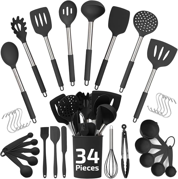 34 PCs Silicone Kitchen Utensils Set, Stainless Steel 450F Heat Resistant | Black Cooking Utensils-Set for Nonstick Cookware - Stainless Steel Handle, Silicone Spatulas Set & Other Kitchen accessories