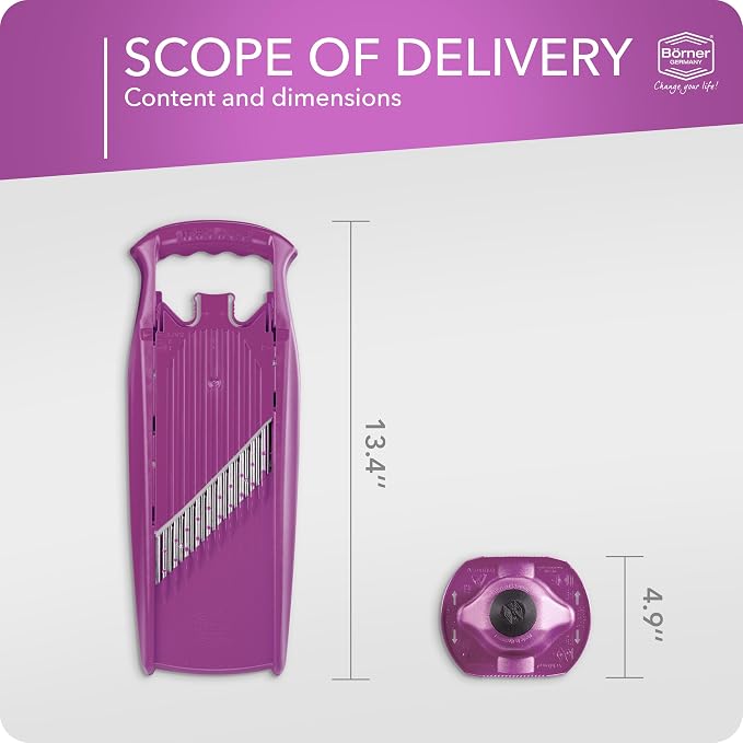 Börner by Reston Lloyd Wave-Waffle Power Line • Crinkle Cut/Spirelli Vegetable Slicer & Food Safety Holder • Slicer for Wave Waffle Cut Style • Multiple Thickness Options • Made in Germany, Purple