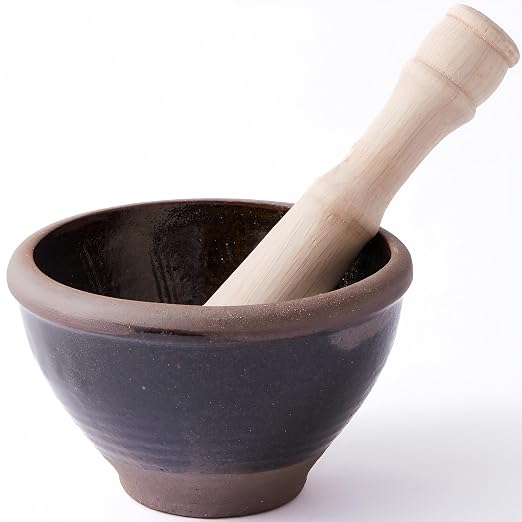 Thai Mortar and Pestle Set, Clay Bowl with Wooden Pestle | Small Traditional Set For Papaya Salad, Curry Paste, Herbs, Spices And Thai-Style Food Preparation