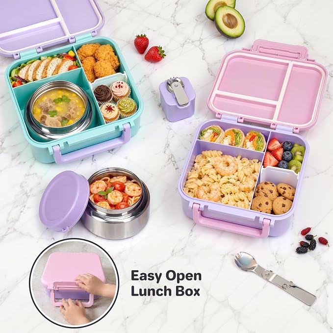 Bento Box for Kids, Lunch Box with Thermo(9oz Food Jar), Silicone Sauce Cup, Stainless Steel Spoon & Removable Divider, Kids Lunch Box Set for Girls Boys Back to School, Pink/Purple