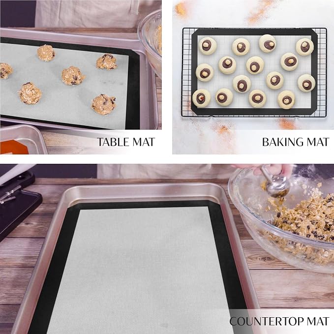 Silicone Baking Mat (S, M, L) with Measurement Indicators, Non-Slip Surface, and Pastry Mat Sheet for Dough Rolling - Perfect for Creating Cookies, Macarons, and Bread - Pack of 3