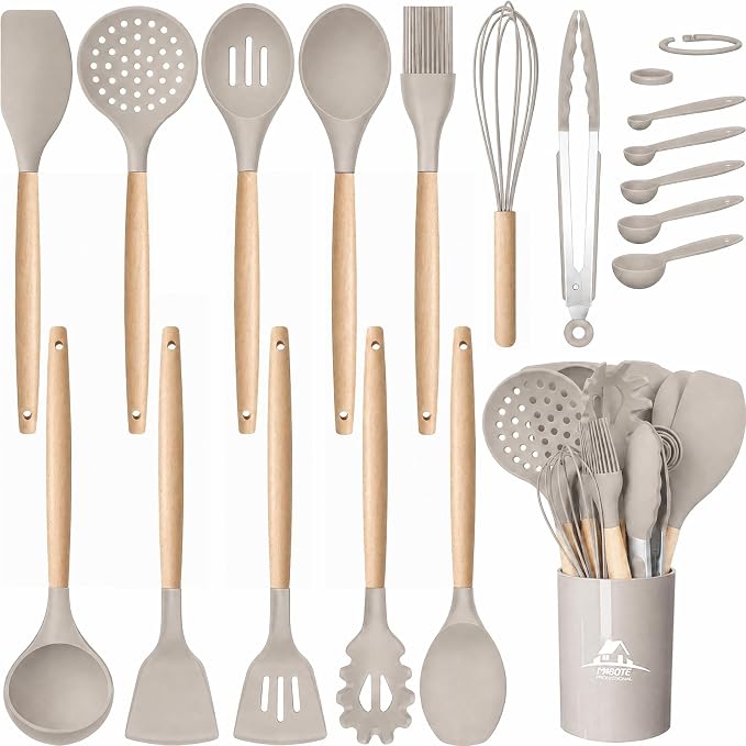 MIBOTE Silicone Cooking Kitchen Utensils Set, Wooden Handle, Khaki | BPA-Free, Non-Toxic Silicone Turner, Tongs, Spatula, Spoon Set – Great for Nonstick Cookware, Heat-Resistant, Easy Clean