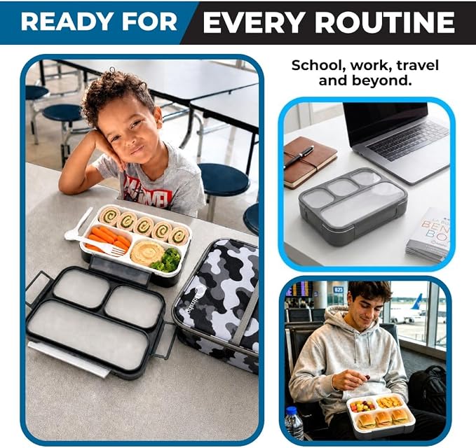 kinsho Bento Box Lunch Boxes for Kids Adults, Meal and Snack Containers School Work Travel, 4 Divided Portion Control Compartments, Japanese Style, BPA Free, Utentils Included (Grey + Black, 2 Pack)