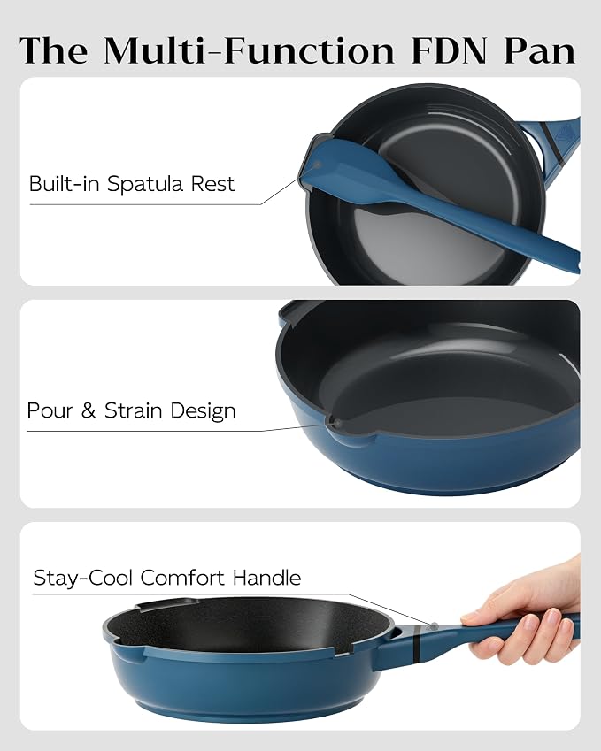 FDN 8" Ceramic Non Stick Frying Pans With Lid, Titanium Pans for Cooking, Non-Toxic PFAS-Free, Induction & Oven-Safe Cookware, Blue For Daily Cooking