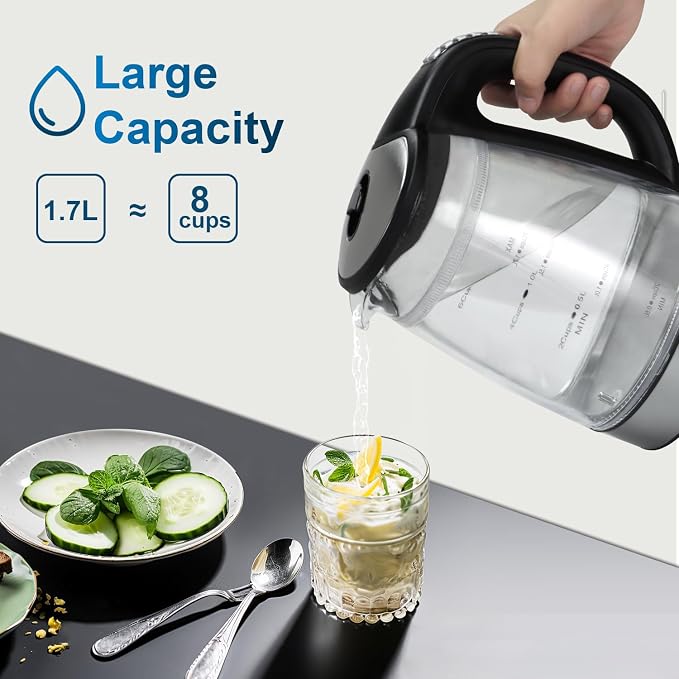 Cool Touch Electric Kettle with 6 Temp Presets for Tea/Coffee | 4H Keep Warm, Borosilicate Glass Inner Wall and PC Outer Wall, BPA free, 1.7L 1500W Fast Boil for Home/Office