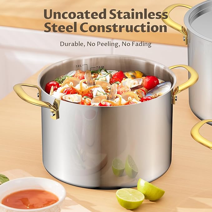 BEZIA 12 QT Stainless Steel Stock Pot, Uncoated Large Soup Pot with Lid | Tri-ply Base for Even Heat, All Stoves Compatible, Oven & Dishwasher Safe, for Seafood Boils, Batch Cooking & Holiday Feasts