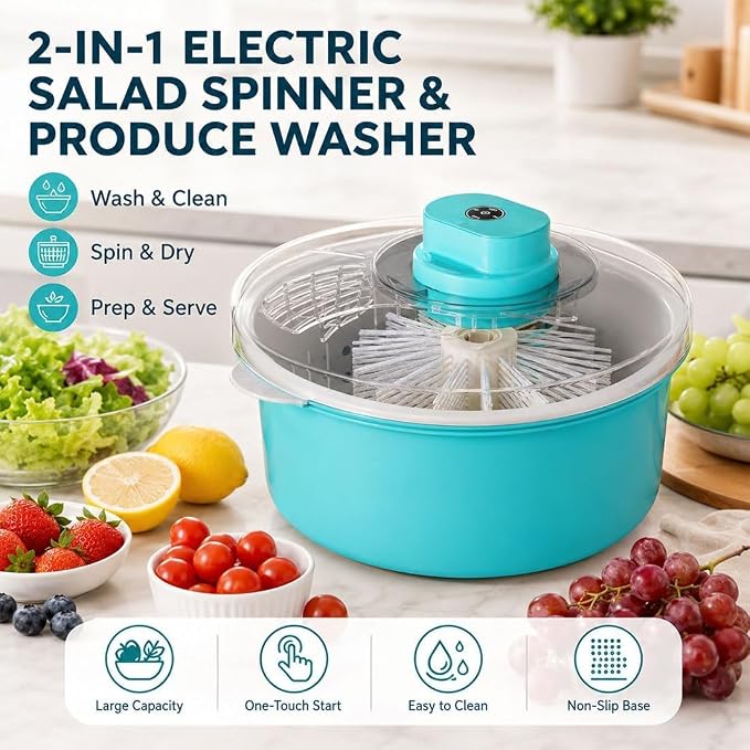 Electric Fruit Washer and Salad Spinner, Automatic Vegetable Cleaner with Non-Slip Base, One-Touch Produce Washer & Dryer for Lettuce Berries Greens，White
