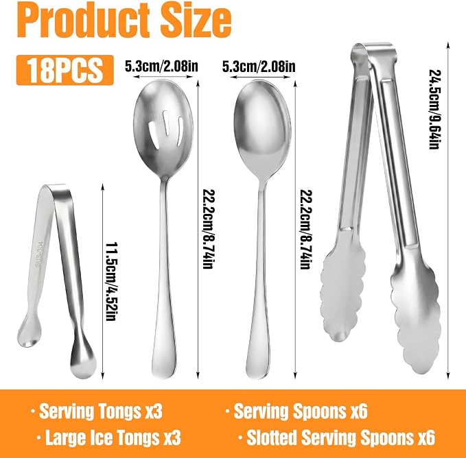 18pcs Silver Serving Utensils Set,Serving Spoons for Buffet, Serving Tongs for Food, Large Slotted Spoons, Metal Buffet Banquet Cutlery for Parties Weeding Birthday Entertaining Catering
