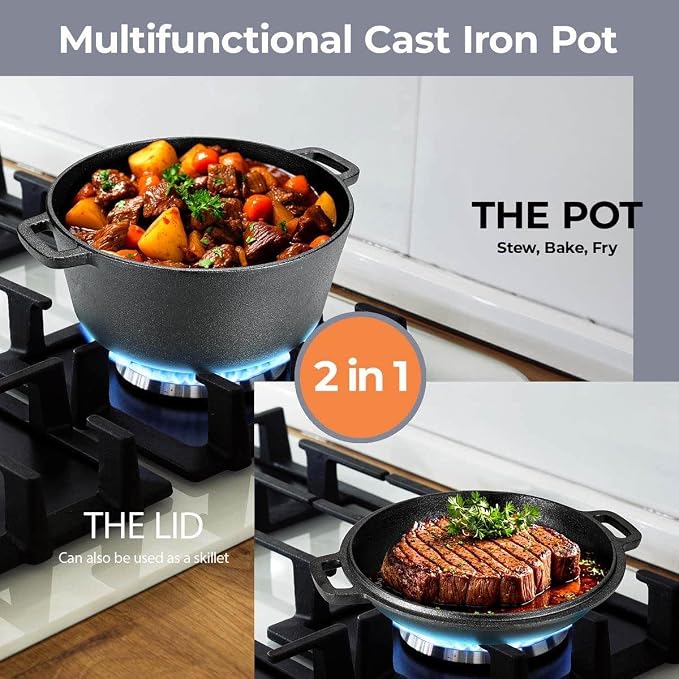 TLGREEN Cast Iron Dutch Oven 5.1QT Pot 1.9QT Skillet Lid Silicone Holders | Cast Iron Skillets, Heat Resistant Stand Included, Fits All Heat Sources for Outdoor Camping, Safe for Long High Temp Cooking
