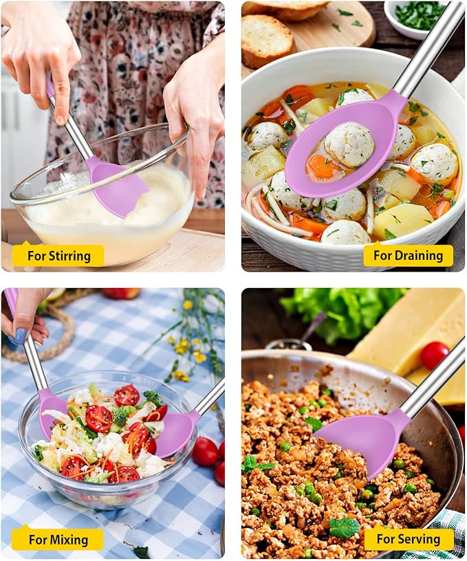 BUNDLEPRO Silicone Cooking Spoons for Non Stick Cookware, 2 Pack, Purple | Heat Resistant, Large Kitchen Spoons for Mixing, Serving, Draining, Stirring