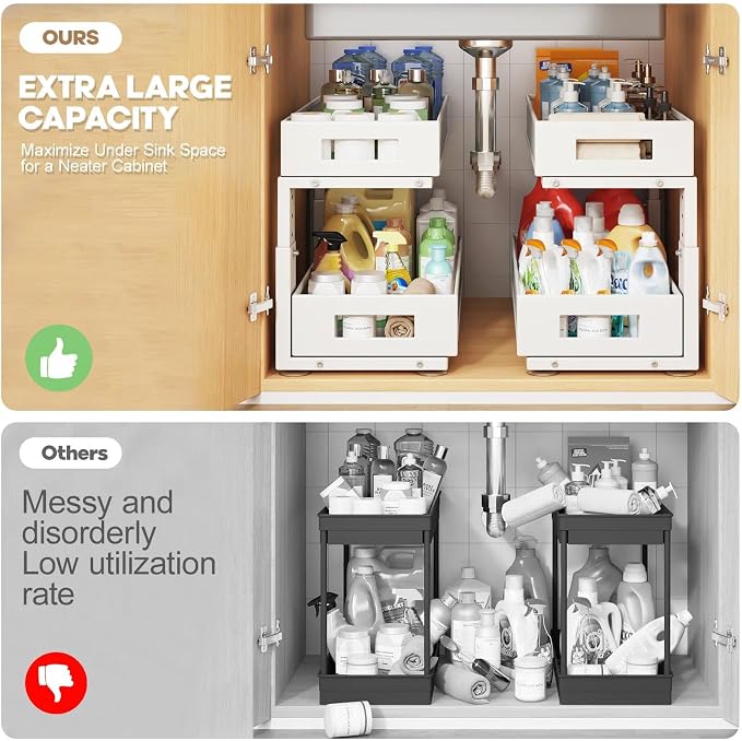 2 Packs 19IN Depth Under Sink Organizer, 2-Tier Pull Out Cabinet Organizer With Smooth Circular Rail, Large Capacity Metal Mesh Sliding Drawers For Bathroom& Kitchen Storage,Height Adjustable –White